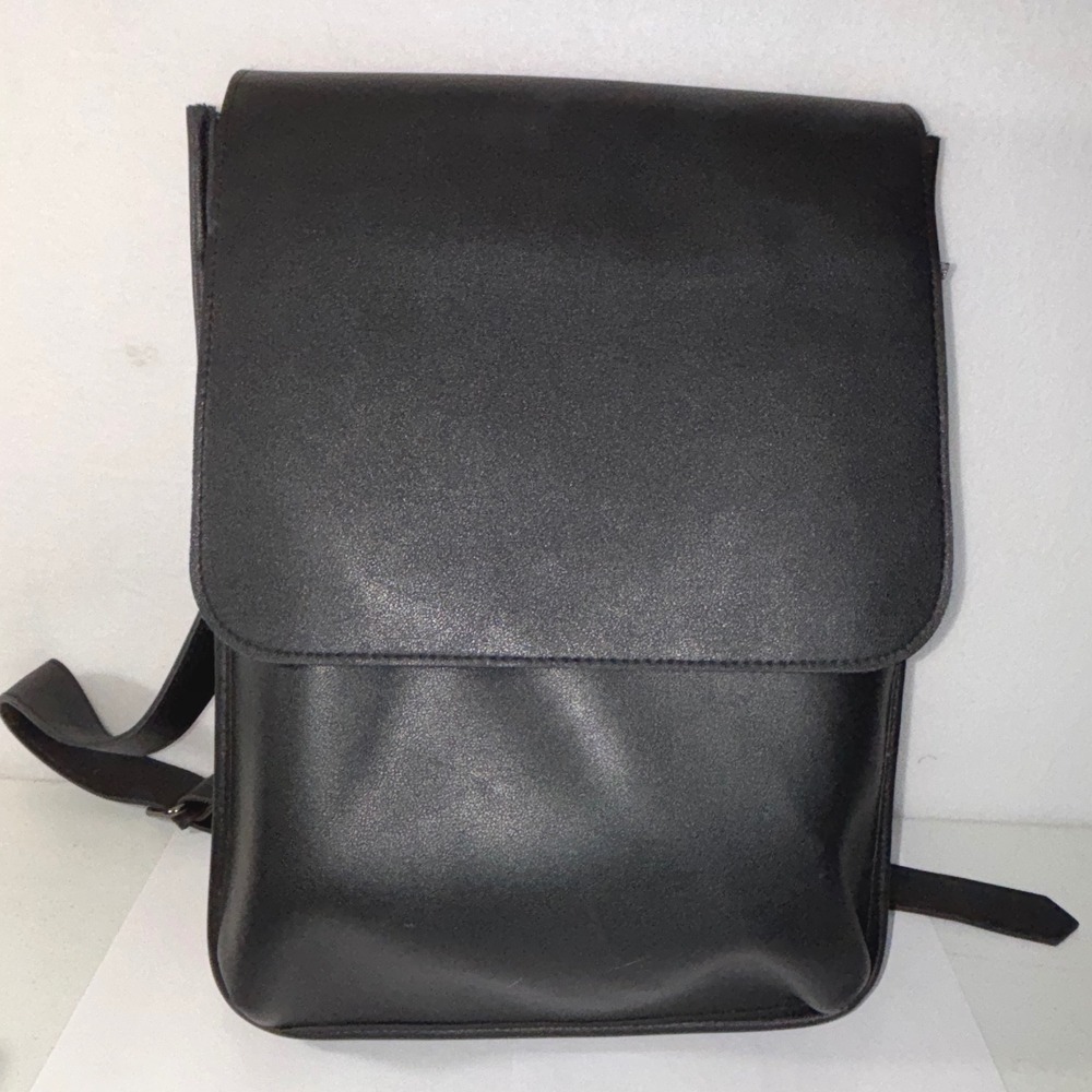 MONAT Black Faux‎ Leather Flap Backpack Bag Adjustable Straps